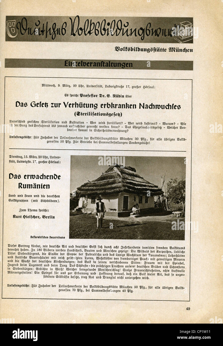 Nazism / National Socialism, organisations, 'Kraft durch Freude' ('Strength through Joy', KdF), education, lectures, 'Das Gesetz zur Verhuetung erbkranken Nachwuchses' ('Law for the Prevention of Genetically Diseased Offspring') by professor Ernst Ruedin, 'Das erwachende Rumänien' ('The awakening Romania') by Kurt Hielscher, Volksbildungsstaette (People's Education Center), advert, magazine of Gau Munich Upper Bavaria, March 1938, Additional-Rights-Clearences-Not Available Stock Photo