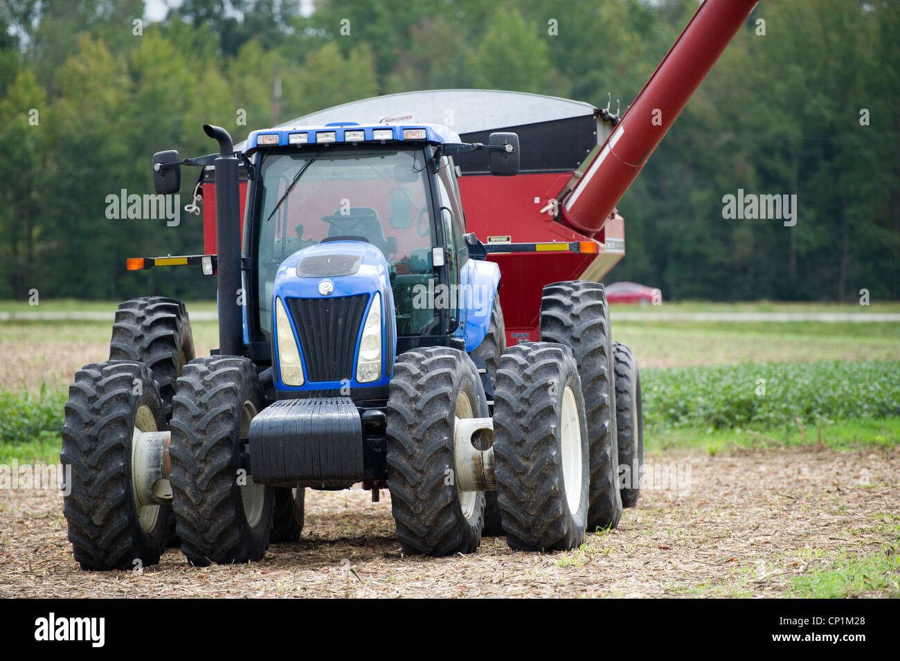 Tractor running through the field of crops on farm Stock Photo Alamy
