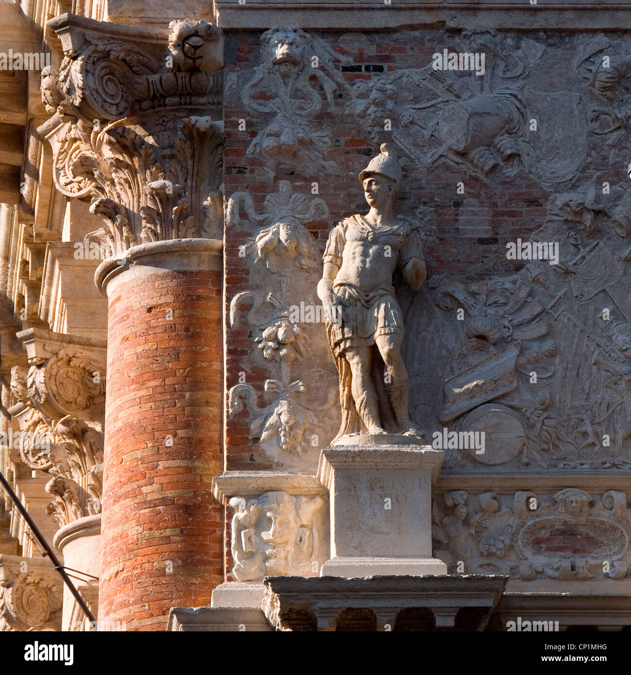 Military statue with fresco and pillar in Venice, Italy. Stock Photo