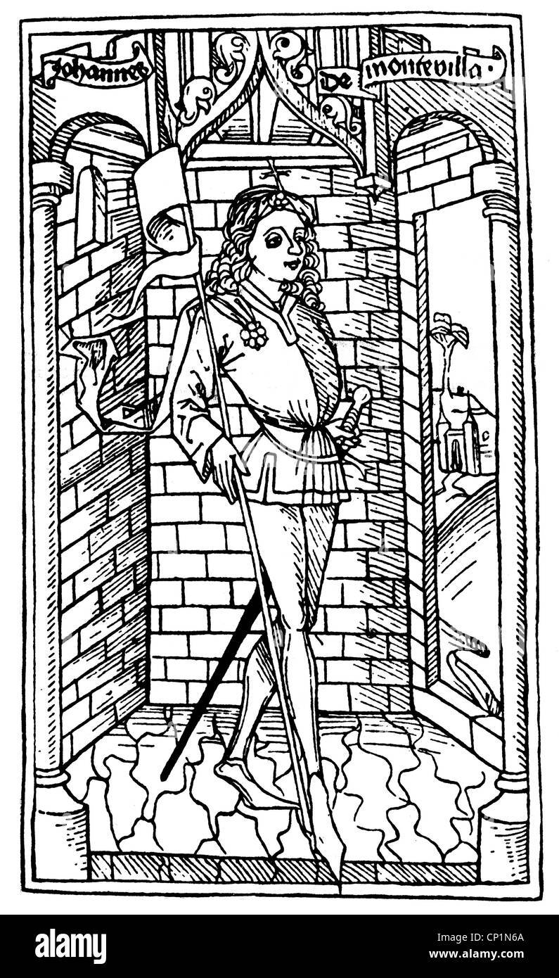 Mandeville, John de, circa 1300 - 1372, French author / writer, full length, woodcut to his travelogue, 1481 edition, Stock Photo