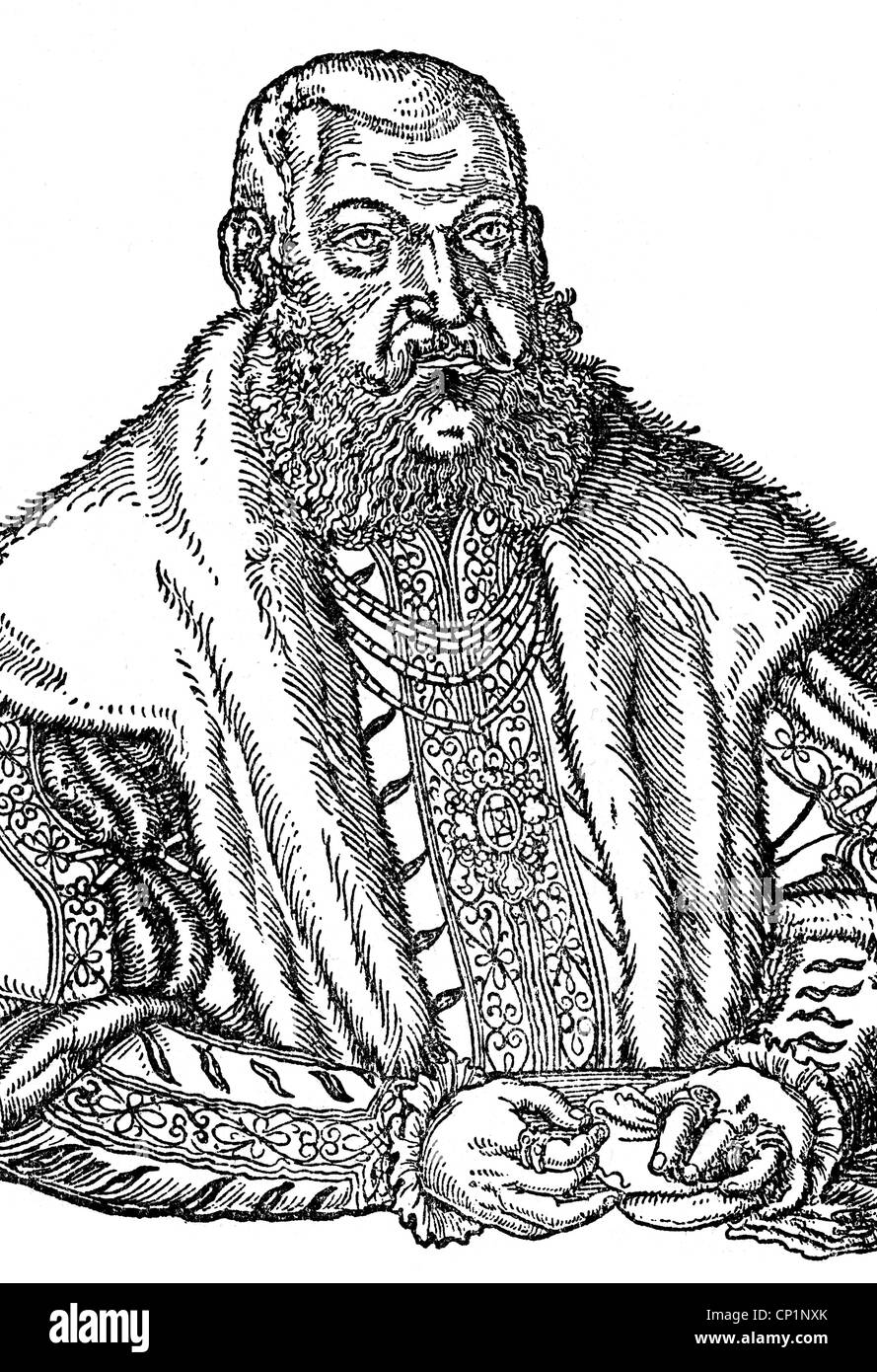 John George, 11.9.1525 - 8.1.1598, Elector of Brandenburg 3.1.1571 - 8.1.1598, half length, woodcut after Lucas Cranch, 16th century, Stock Photo