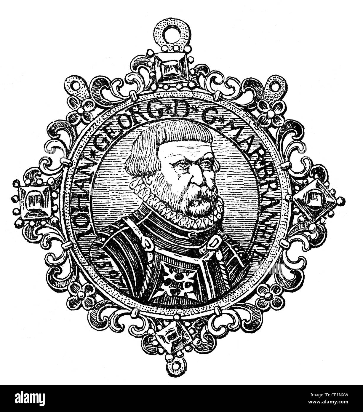 John George, 11.9.1525 - 8.1.1598, Elector of Brandenburg 3.1.1571 - 8.1.1598, portrait, coin, 1598, wood engraving, 19th century, , Stock Photo