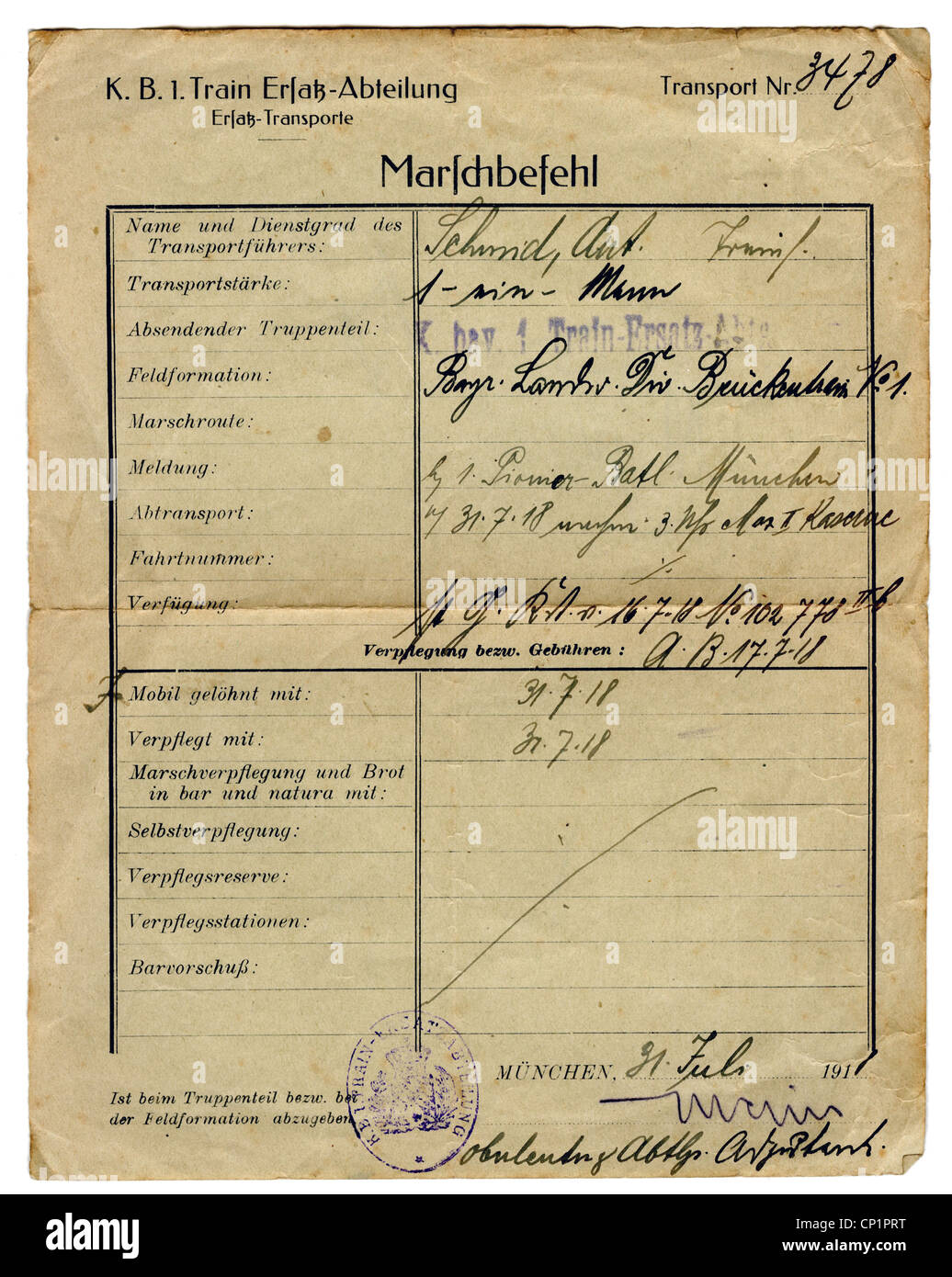 events, First World War / WWI, Germany, marching orders, Royal Bavarian 1st Train Replacement Detachment, Munich, issued on 31.7.1918, Additional-Rights-Clearences-Not Available Stock Photo