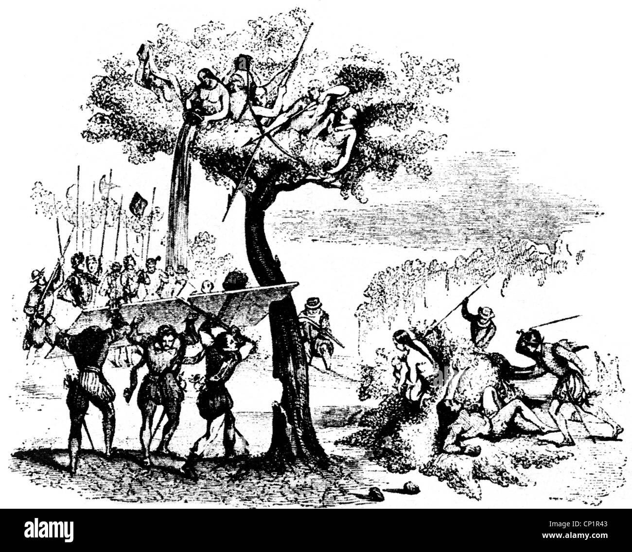 1519, Spanish explorer, governor of Darien 1510 - 1514, march through Panama 1.9.1513 - 19.1.1514, ambush of the Indians, wood engraving, 19th century, ...