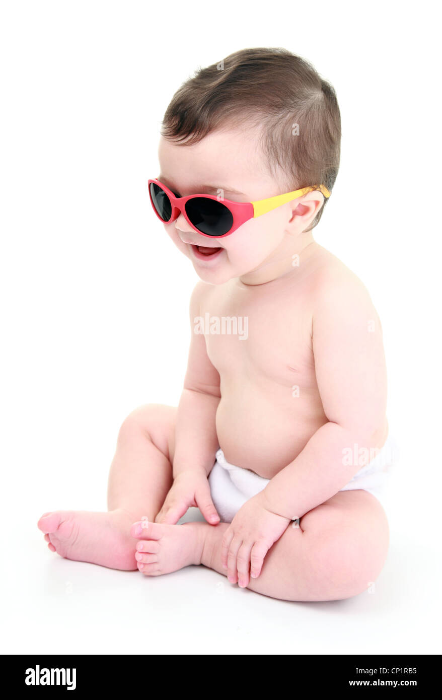 Adorable baby wearing sunglasses isolated on white Stock Photo Alamy