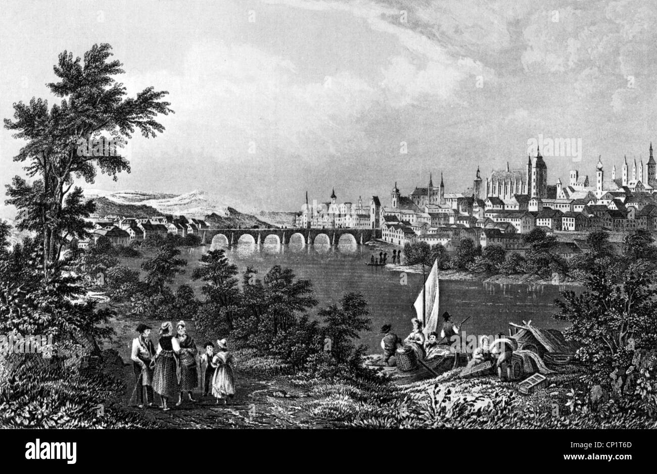 geography / travel, Germany, Regensburg, view over river Danube, print after engraving by R. Sands, early 19th century, people, stone bridge, cathedral Saint Peter, Free Imperial City, Kingdom of Bavaria, Upper Palatinate, Central europe, historic, historical, Additional-Rights-Clearences-Not Available Stock Photo