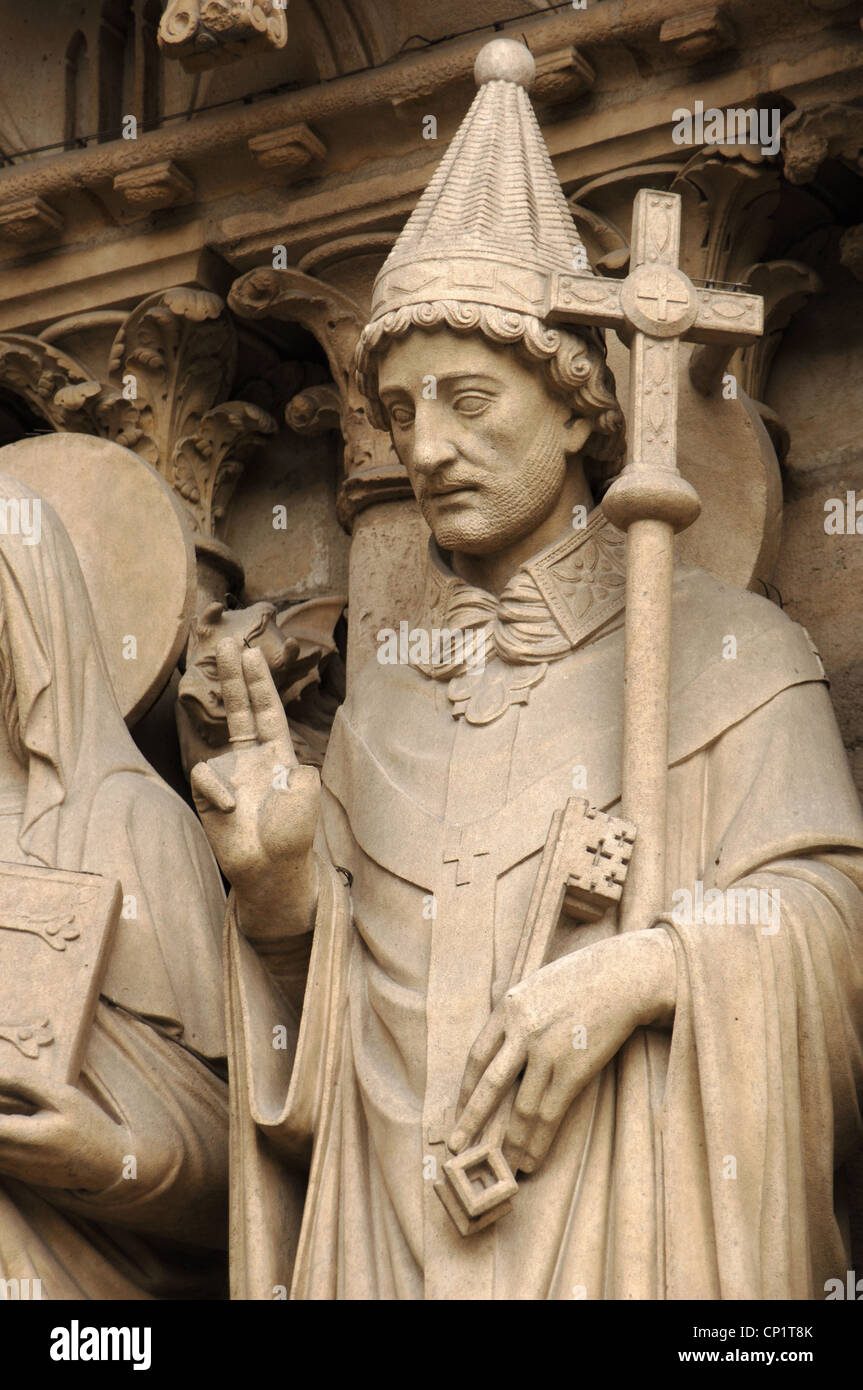 Gothic Art. France. Paris. Notre Dame. Portal of the Virgin (c. 1220). Pope Saint Sylvester. Stock Photo