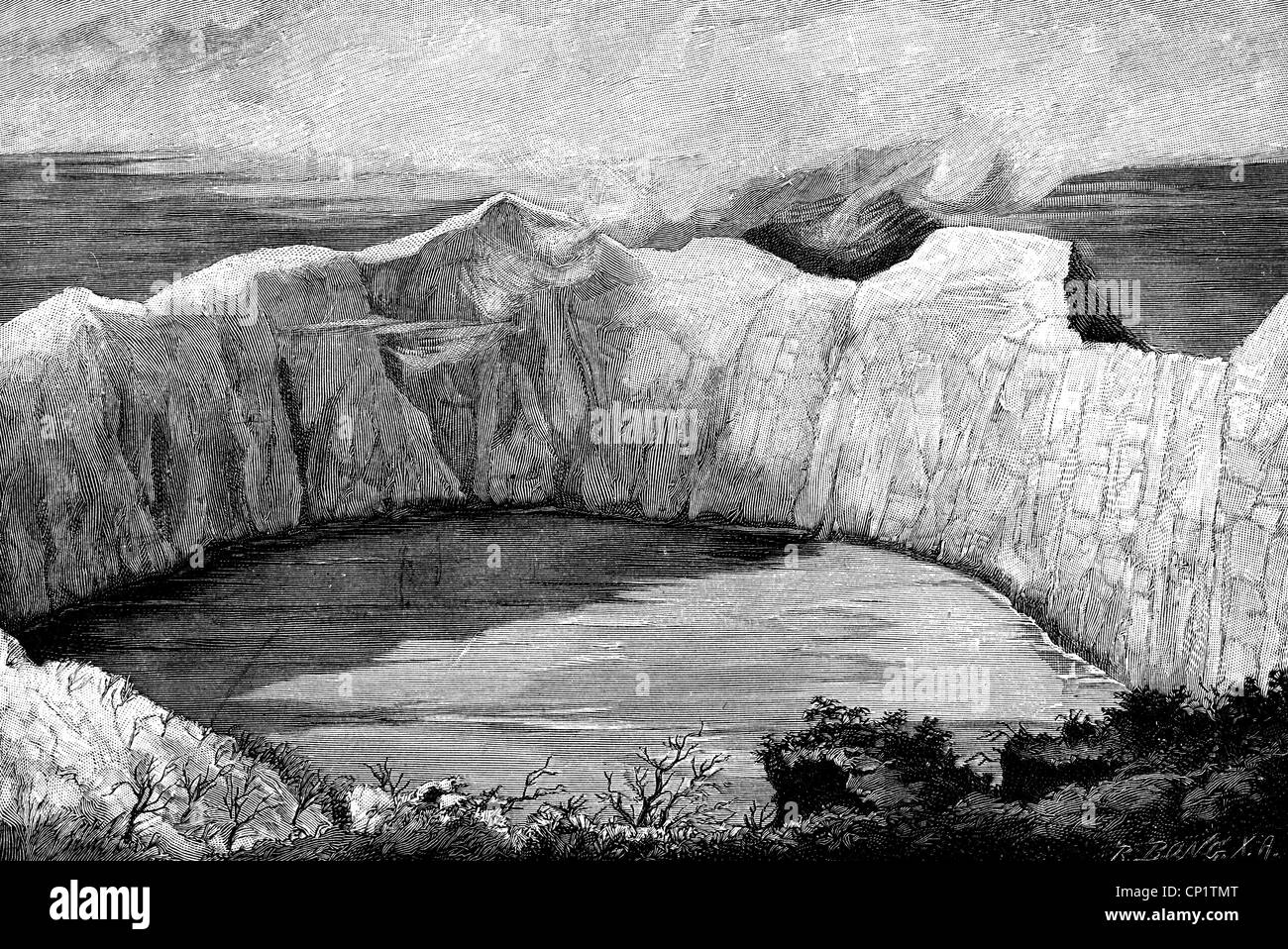 geography / travel, Saint Vincent and the Grenadines, lakes, krater lake of volcano Soufriere, St. Vincent, view, wood engraving, 19th century, landscape, volcanism, Caribbean, West Indies, Lesser Antilles, island, America, historic, historical, Additional-Rights-Clearences-Not Available Stock Photo