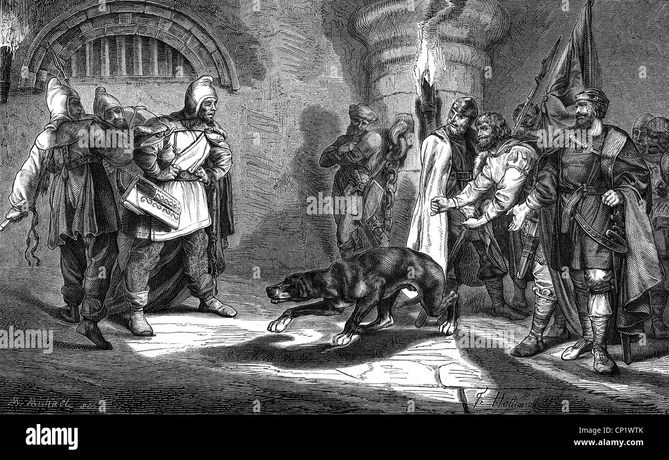 Middle Ages, Magyar Invasions 899 - 955, King Henry I (East Franks) refuses to pay the annual tribute to the Magyars, 932, wood engraving by M. Michael, after a drawing by Friedrich Hottenroth, 19th century, historic, historical, Hungarian, Hungarians, wars, war, military, knights, East Francia, 10th century, Germany, refusal, declaration of war, dog, medieval, people, Additional-Rights-Clearences-Not Available Stock Photo