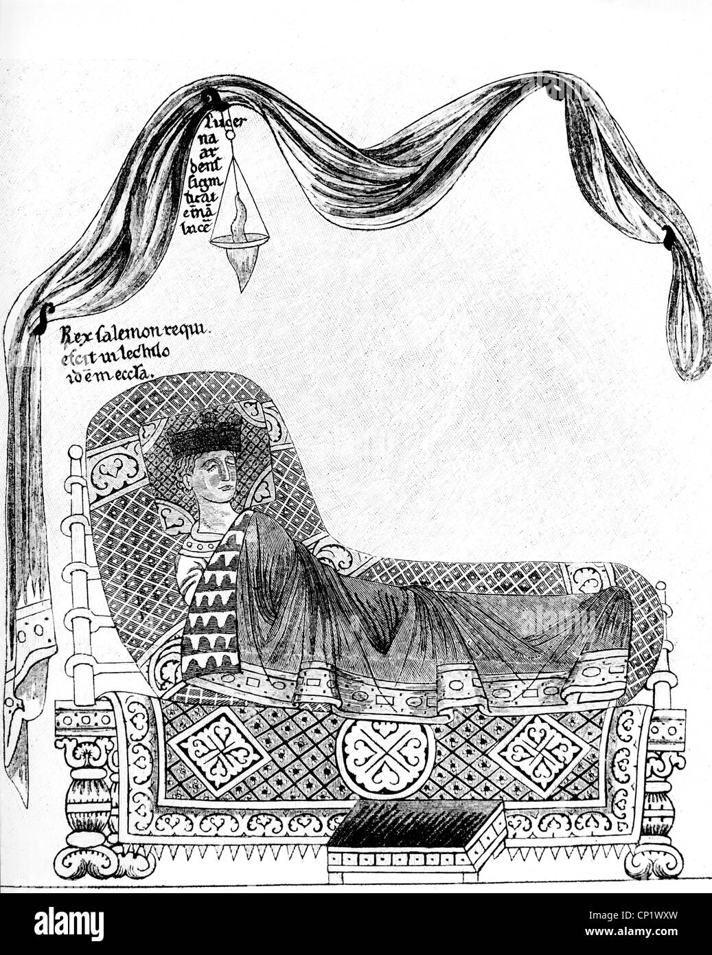 Solomon, King of Israel circa 971 - 931 BC, full length, lying on bed, illustration from 'Hortus Deliciarum', by Herrad von Landsberg, 1175 - 1195, Stock Photo
