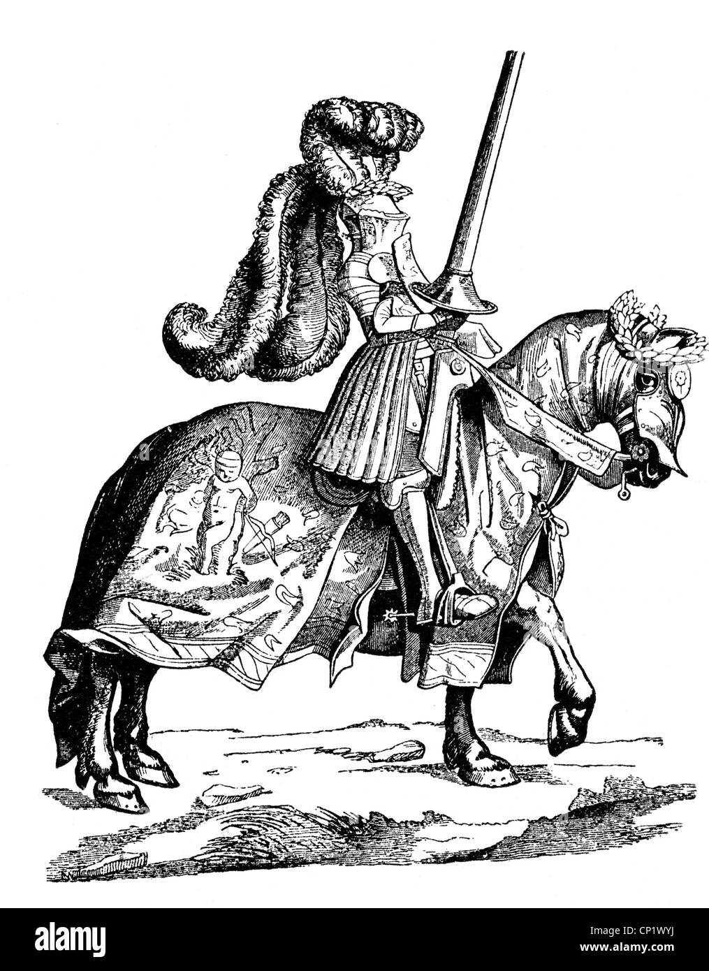 Middle Ages, knights, depiction of a knight, woodcut by Hans Burgkmair, after a drawing by Albrecht Duerer, circa 1500, Artist's Copyright has not to be cleared Stock Photo