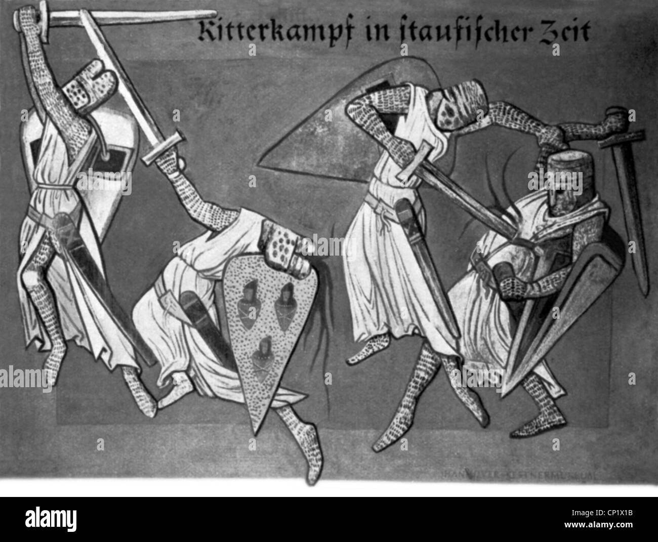 Middle Ages, knights, fighting knights at the time of the Hohenstaufen dynasty, 12th / 13th century, illustration, fights, battling, battle, fighting, fight, violence, killing, sword, swords, shield, shields, encounter, encounters, historic, historical, medieval, people, Additional-Rights-Clearences-Not Available Stock Photo