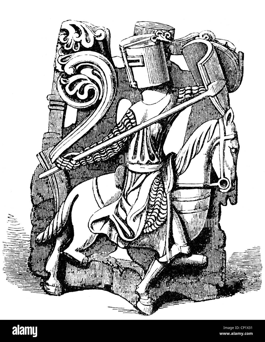 Middle Ages, knights, English knight at the beginning of the 13th century, wood engraving, 19th century, after an ivory carving, military, horse, horses, lance, lances, spear, spears, shield, shields, knight's armour, knight's armor, helmets, helmet, rider, riders, cavalryman, cavalrymen, medieval, mediaeval, soldier, soldiers, historic, historical, people, Additional-Rights-Clearences-Not Available Stock Photo