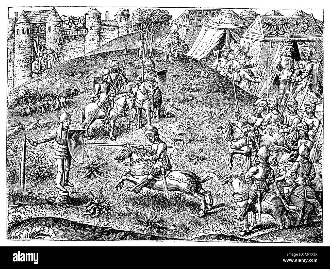 Middle Ages, knights, training with lances, wood engraving, 19th century, after a miniature from the 15th century, practising, practicing, practise, practice, exercising, fights, fighting, fight, tent, tents, castle, castles, medieval, mediaeval, shield, shields, horse, horses, weapons, arms, weapon, arm, rider, riders, cavalry, cavalries, soldiers, soldier, warrior, warriors, military, training, historic, historical, people, Additional-Rights-Clearences-Not Available Stock Photo