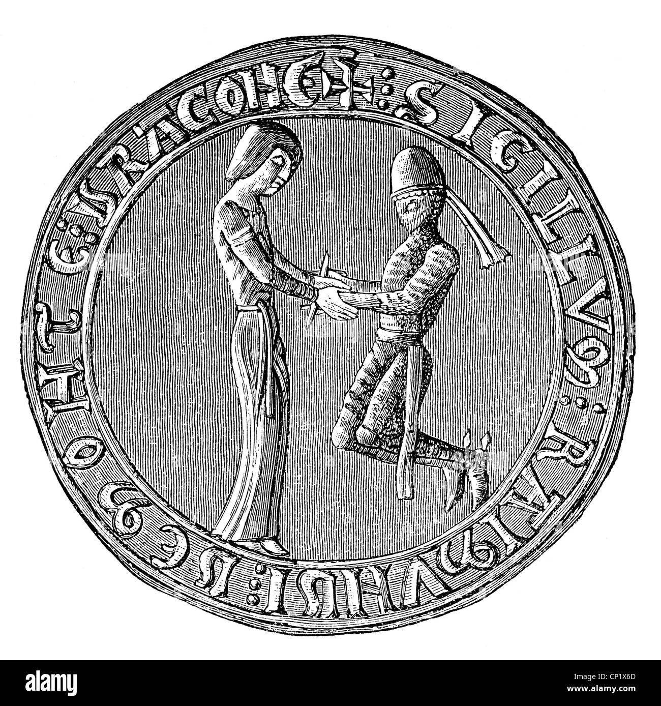 Middle Ages, knights, a knight is swearing the oath of fealty to a bishop, wood engraving, 19th century, after a seal, kneel, kneeling, fiefdom, medieval, mediaeval, clergyman, clergy, soldier, soldiers, warrior, warriors, feudal lord, seigneur, liege, knight's armour, knight's armor, oath, oaths, swearing, swear, oath of allegiance, loyalty, faithfulness, fidelity, conjugal faith, vow, vowing, historic, historical, people, Additional-Rights-Clearences-Not Available Stock Photo