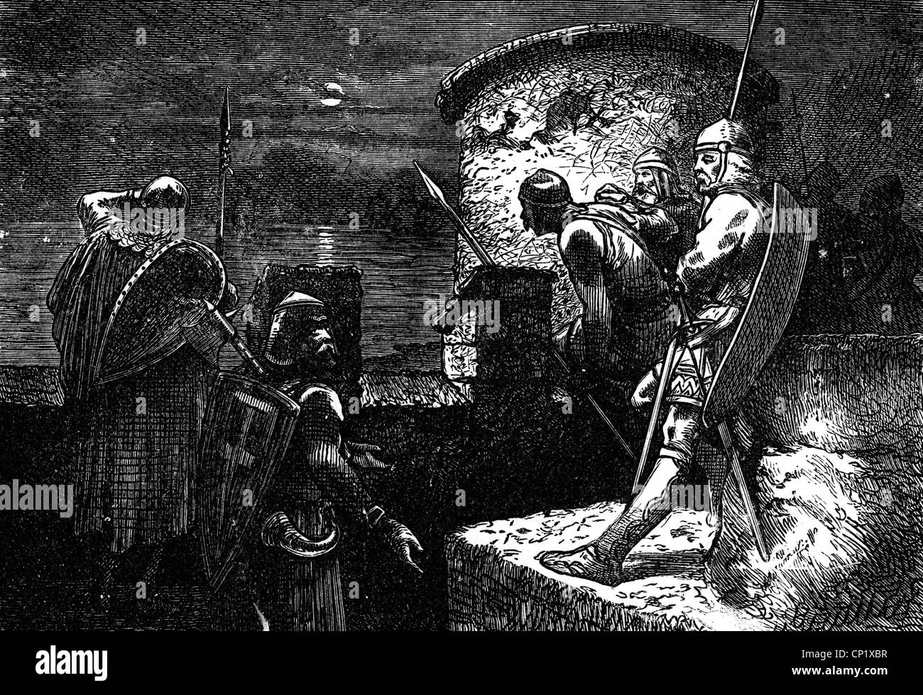 Middle Ages, Vikings, soldiers on the lookout for Northmen, wood engraving, 19th century, medieval, mediaeval, Frankish Empire, soldiers, soldier, warrior, warriors, castle, castles, city wall, city walls, shield, shields, lance, lances, guard, historic, historical, people, Additional-Rights-Clearences-Not Available Stock Photo