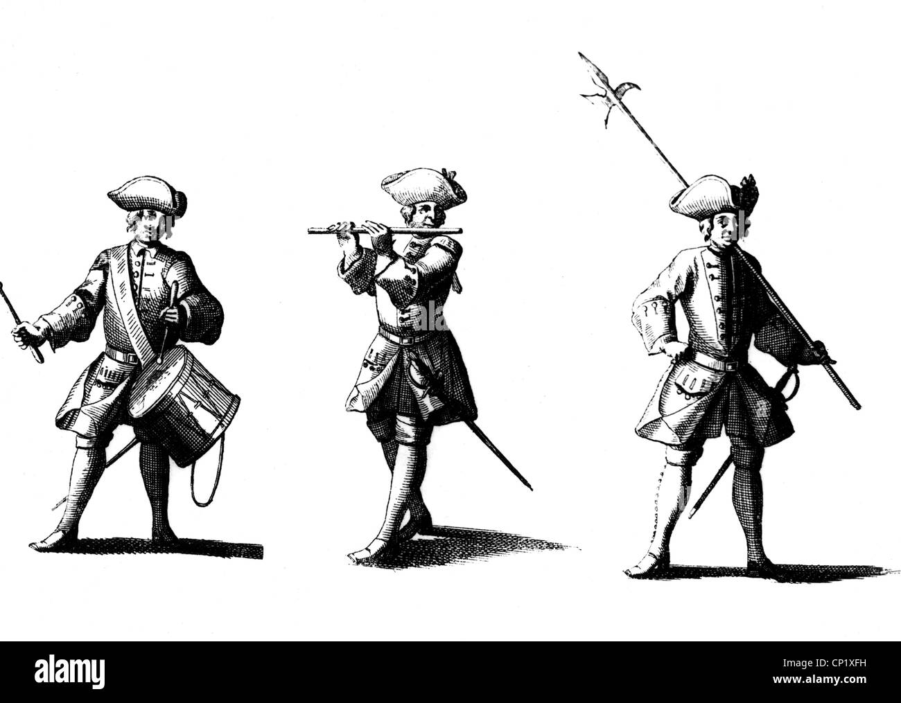 military, Germany, drummer, flute player and soldier with halberd, early 18th century, illustration from 'Der vollkommene teutsche Soldat', by Johann Friedrich von Flemming, Leipzig, 1726, Electoral Saxony, Electorate of Saxony, infantry, infantryman, infantrymen, soldiers, soldier, uniform, uniforms, Holy Roman Empire of the German Nation, Saxon, German, Germans, sabre, sabres, pipe, pipes, flutist, flutists, transverse flute, transverse flutes, tambour, drum, drums, military music, musician, musicians, , Additional-Rights-Clearences-Not Available Stock Photo