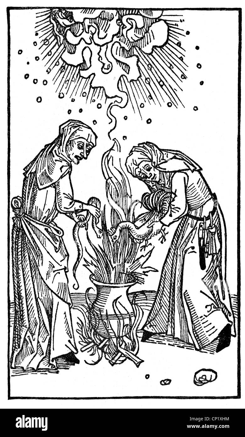witches, weather witches making hail and storm, woodcut, 'Tractatus de lamiis et phitonicis mulieribus' ('Of demons or witches', 1489) by Ulrich Molitor, Augsburg, 1508, Additional-Rights-Clearences-Not Available Stock Photo