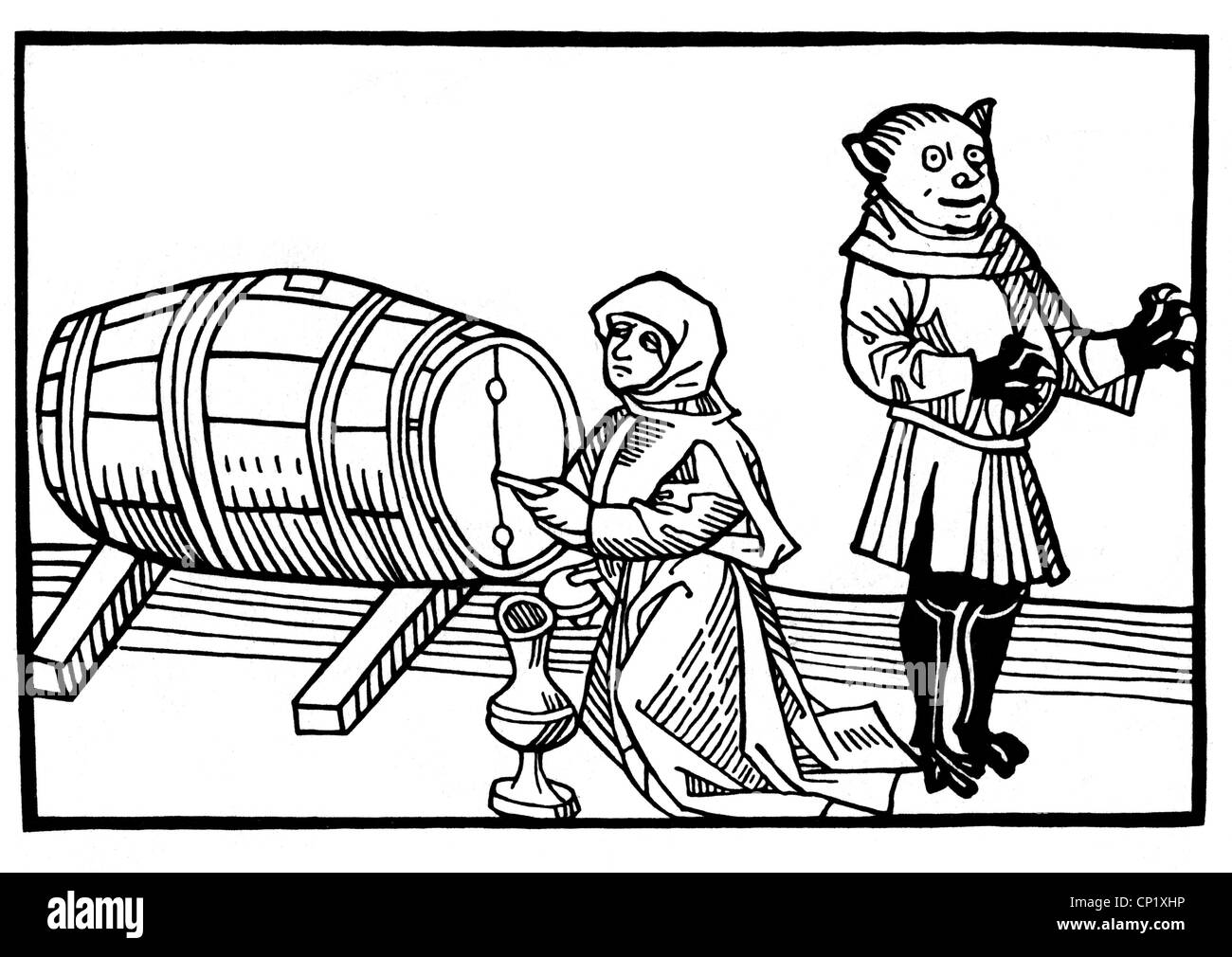 witches, witch and devil opening a barrel of wine, woodcut, 1486