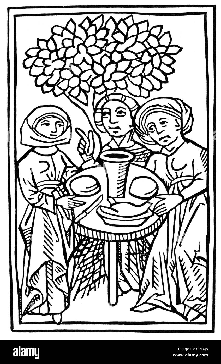 witches, witches having a meal, woodcut, 'Tractatus de lamiis et phitonicis mulieribus' ('Of demons or witches') by Ulrich Molitor, Ulm, 1489, Additional-Rights-Clearences-Not Available Stock Photo