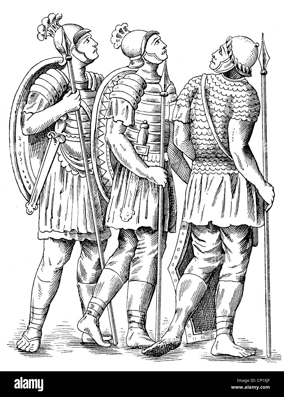 military, Ancient World, Roman Empire, Roman warriors, 2nd century AD, wood engraving, 19th century, after a relief on the Trajan's Column (113 AD), Rome, Romans, Roman, soldier, soldiers, legionnaire, legionaries, spear, spears, lance, lances, helmets, helmet, historic, historical, ancient world, people, Additional-Rights-Clearences-Not Available Stock Photo