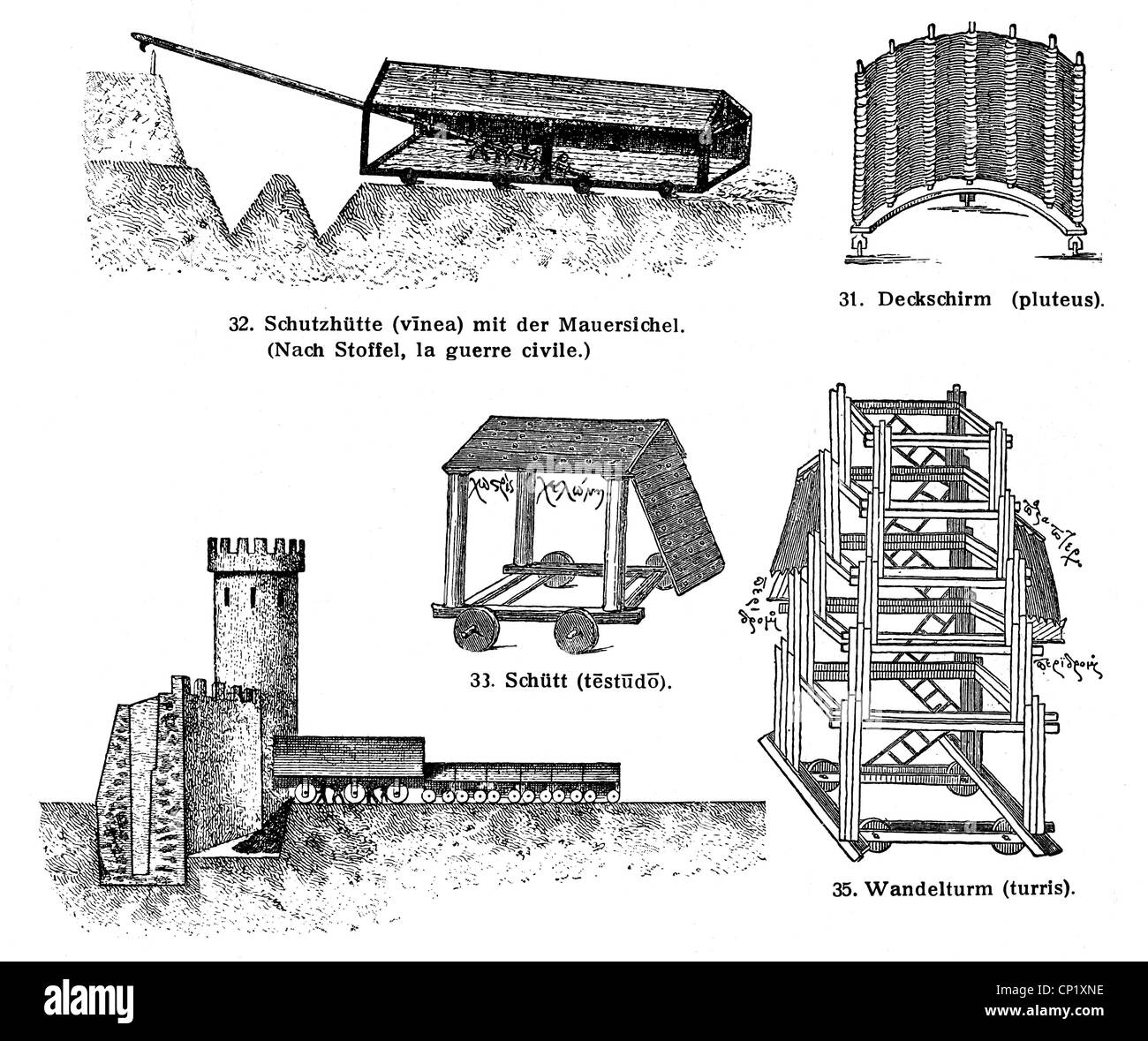 military, siege, Ancient World, Roman Empire, siege engines from the first century BC, wood engraving, after illustration from 'Histoire de Jules Cesar, guerre civile', by Celeste Stoffel, Paris, 1887, Additional-Rights-Clearences-Not Available Stock Photo