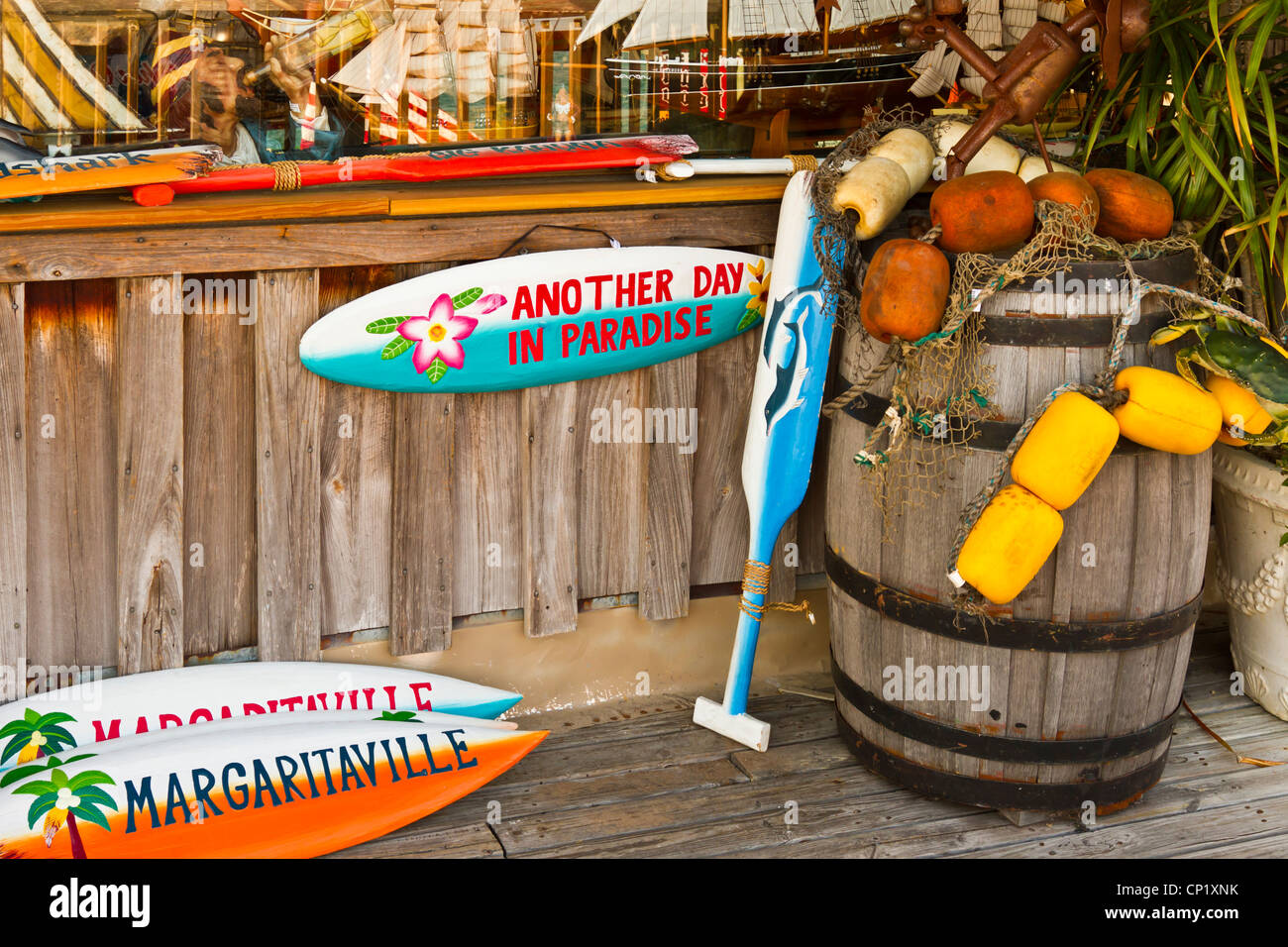 Signs on the boardwalk at the quaint fishing village of John's Pass, Florida, USA. Stock Photo