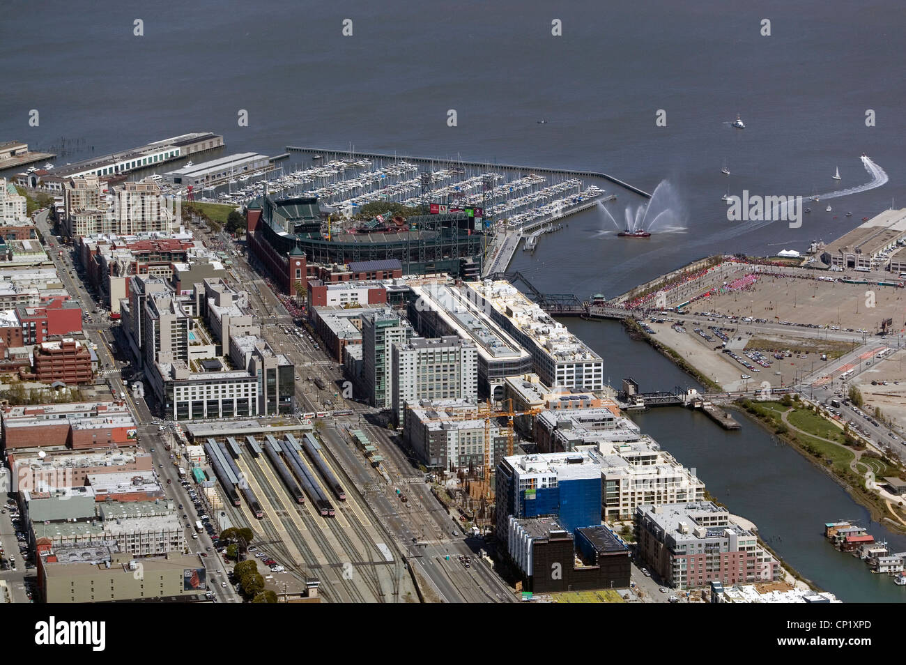 aerial photograph CalTrain station AT&T baseball stadium San Francisco California Stock Photo