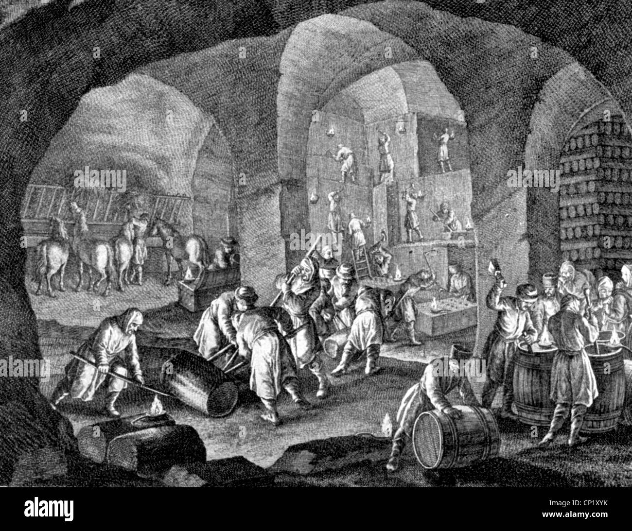 mining, salt, salt mine, interior view, copper engraving, early 18th century, rock salt, underground mining, miners, working, labour, historic, historical, people, Artist's Copyright has not to be cleared Stock Photo