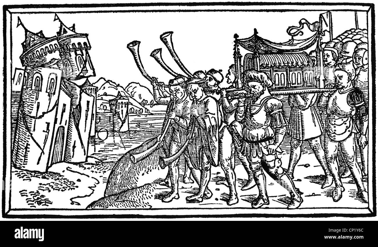 religion, biblical scenes, 'Conquest of Jericho', woodcut, Luebeck Bible, 1494, Additional-Rights-Clearences-Not Available Stock Photo