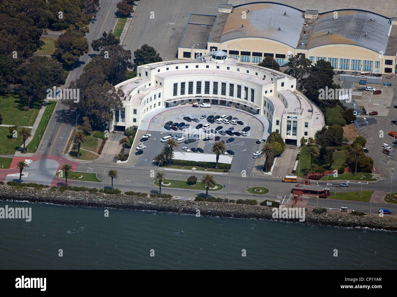 aerial photograph Building One, administrative building, Treasure Island, San Francisco Stock Photo