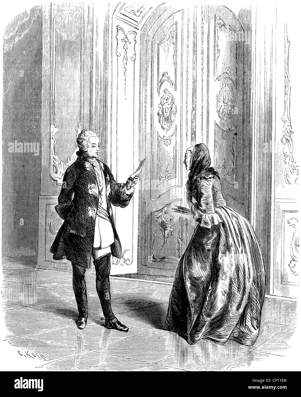 Frederick II 'the Great', 24.1.1712 - 17.6.1786, King of Prussia 31.5.1740 - 17.6.1786, meeting the actress Friederike Caroline Neuber in Dresden, December 1756, wood engraving, 19th century, Stock Photo