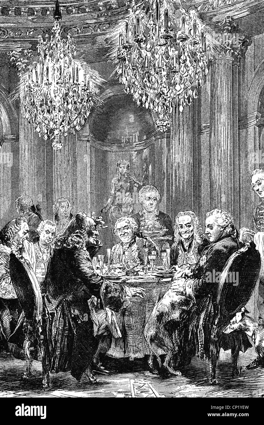 Frederick II 'the Great', 24.1.1712 - 17.6.1786, King of Prussia 31.5.1740 - 17.6.1786, company at table in Sanssouci, wood engraving by Vogel after painting by Adolph Menzel, circa 1910, Artist's Copyright has not to be cleared Stock Photo
