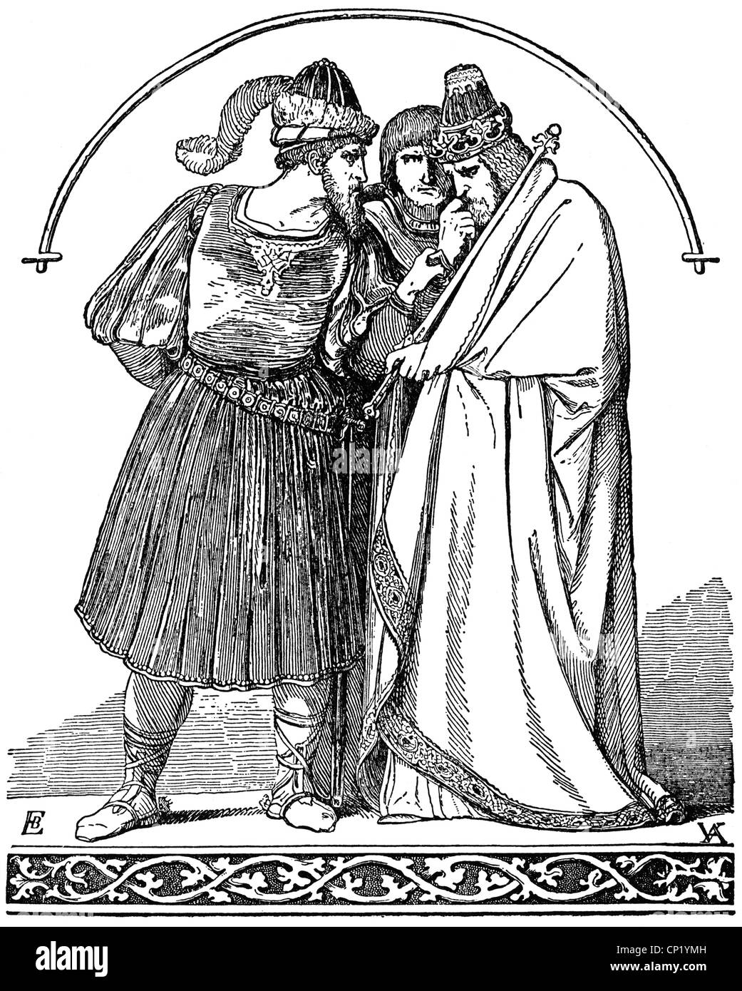 literature, mythologie, Nibelung legend, King  Gunther and Hagen of Tronje are plotting against Siegfried, wood engraving after drawing by Eduard Bendemann, 19th century, 'Deutsche Heldensagen' by Albert Richter and Guido Goerres, Leipzig, 1932, Additional-Rights-Clearences-Not Available Stock Photo
