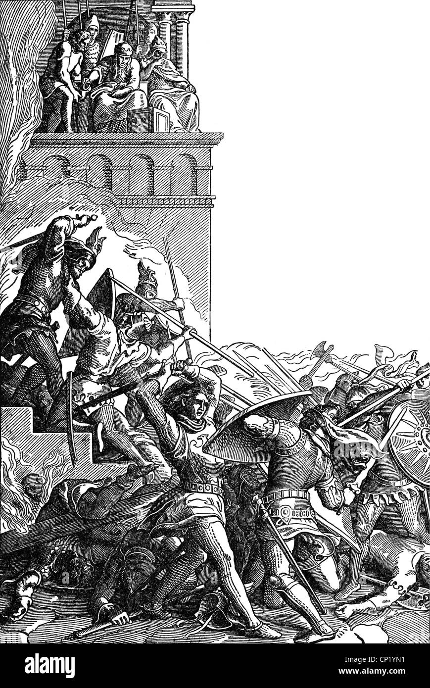 literature, mythologie, Nibelung legend, battle between Burgundians and Huns at the court of King Attila, wood engraving, 19th century, 'Deutsche Heldensagen' by Albert Richter and Guido Goerres, Leipzig, 1932, Additional-Rights-Clearences-Not Available Stock Photo
