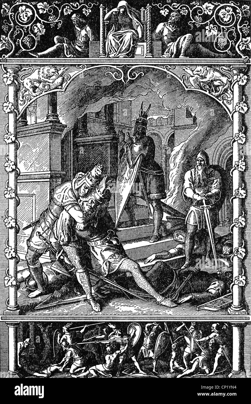 literature, mythologie, Nibelung legend, Dietrich of Bern wounding Hagen of Tronje, wood engraving, 19th century, 'Deutsche Heldensagen' by Albert Richter and Guido Goerres, Leipzig, 1932, Additional-Rights-Clearences-Not Available Stock Photo