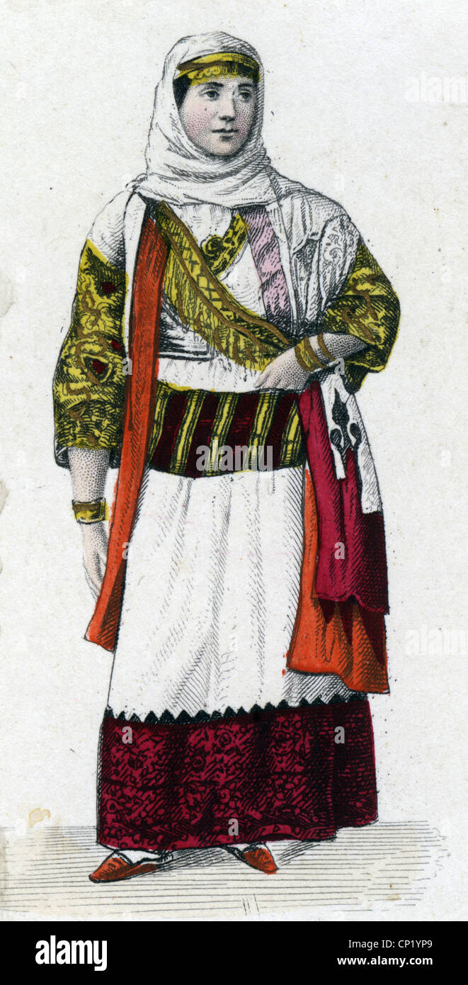 geography / travel, Greece, people, women, Albanian woman from Menidi, coloured steel engraving, circa 1860, Additional-Rights-Clearences-Not Available Stock Photo