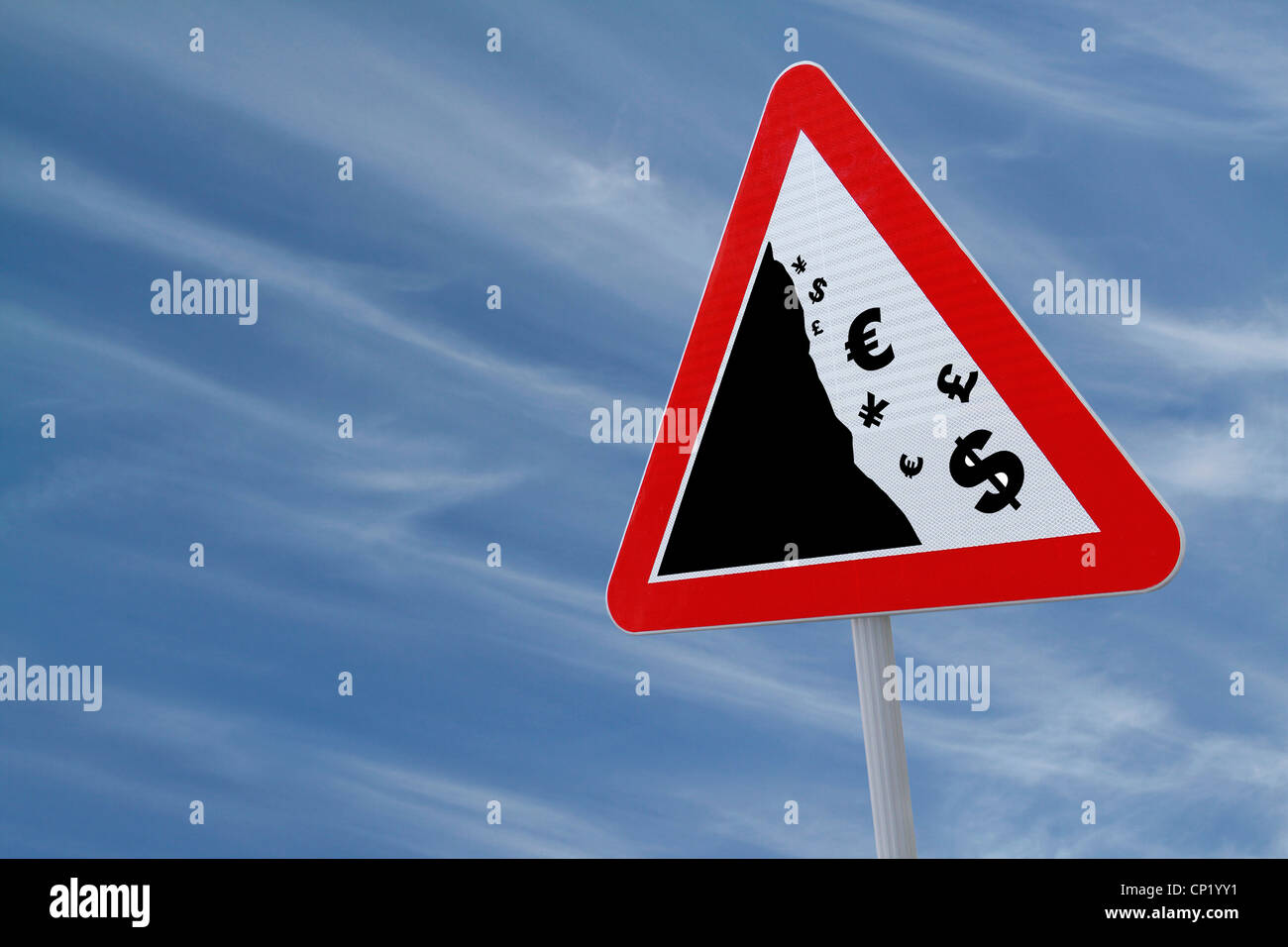 An actual road sign modified to imply the fall of major world currencies (for business or financial concepts, with copy space). Stock Photo
