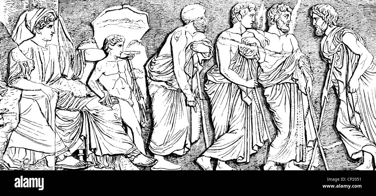 ancient world, Greece, politics, deputies of Attic phyles besides Aphrodite and Eros (left), relief, frieze of the Parthenon, Acropolis, Athens, circa 440 BC, wood engraving, 19th century, politician, politicians, goddess, goddesses, God, Gods, deity, divinity, deities, people, Greeks, Athenian citizen, polis, phyle, representative, representatives, democracy, democracies, 5th century BC, historic, historical, ancient world, Additional-Rights-Clearences-Not Available Stock Photo