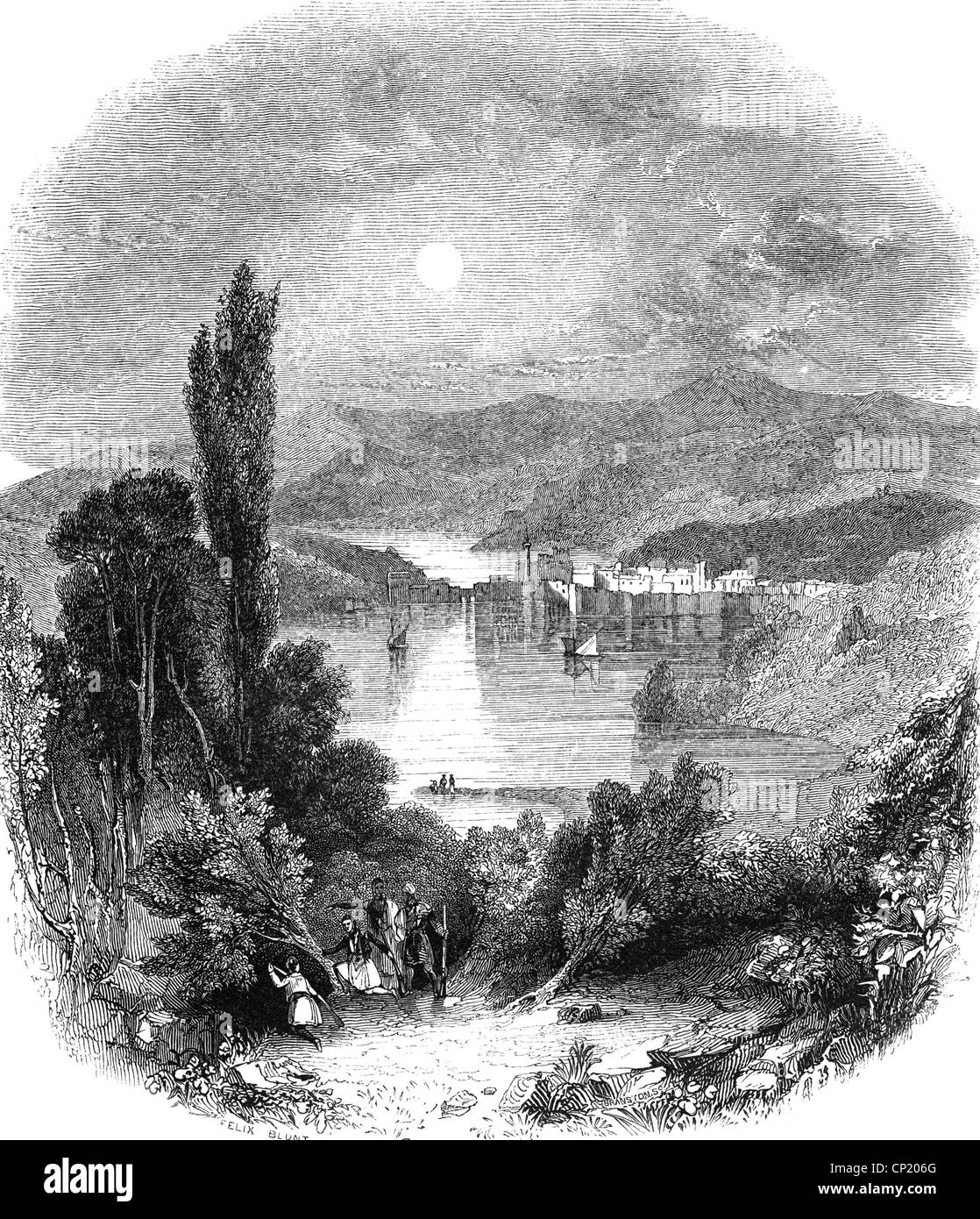 geography / travel, Greece, landscapes, strait of Euripus, Chalkida in the background, wood engraving after drawing of Felix Blunt, 1839, Additional-Rights-Clearences-Not Available Stock Photo