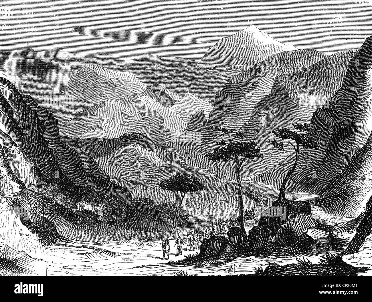 geography / travel, Greece, mountains, Kithairon Mountains, wood engraving after drawing by Wadsworth, 19th century, mountain, landscape, landscapes, Elatia, people, procession, historic, historical, Additional-Rights-Clearences-Not Available Stock Photo