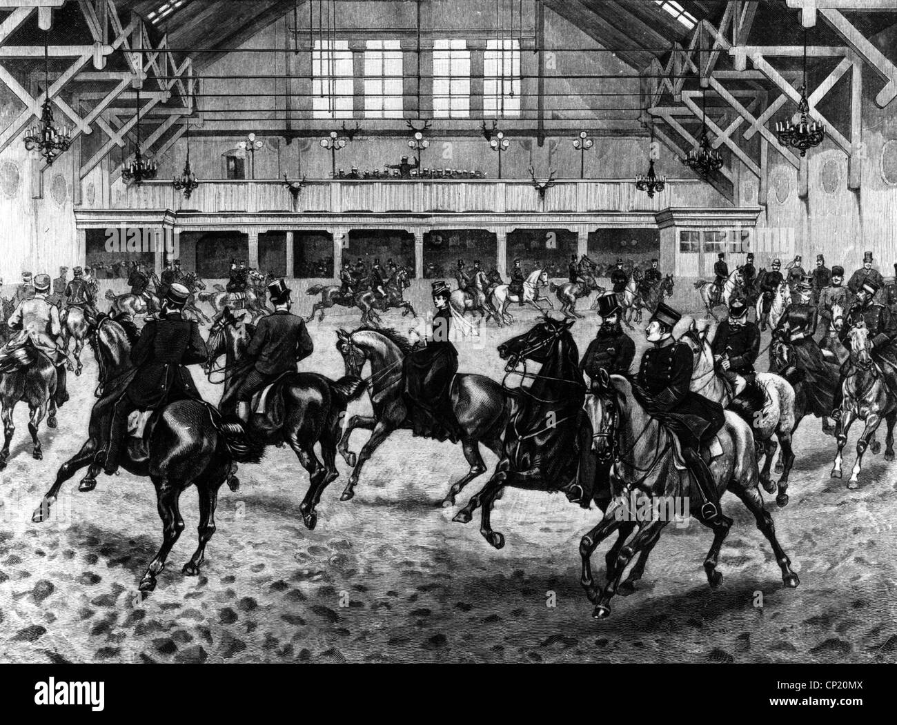 sports, riding, Tatterstall in Berlin, wood engraving after drawing by Richard Knoetel, circa 1885, Additional-Rights-Clearences-Not Available Stock Photo