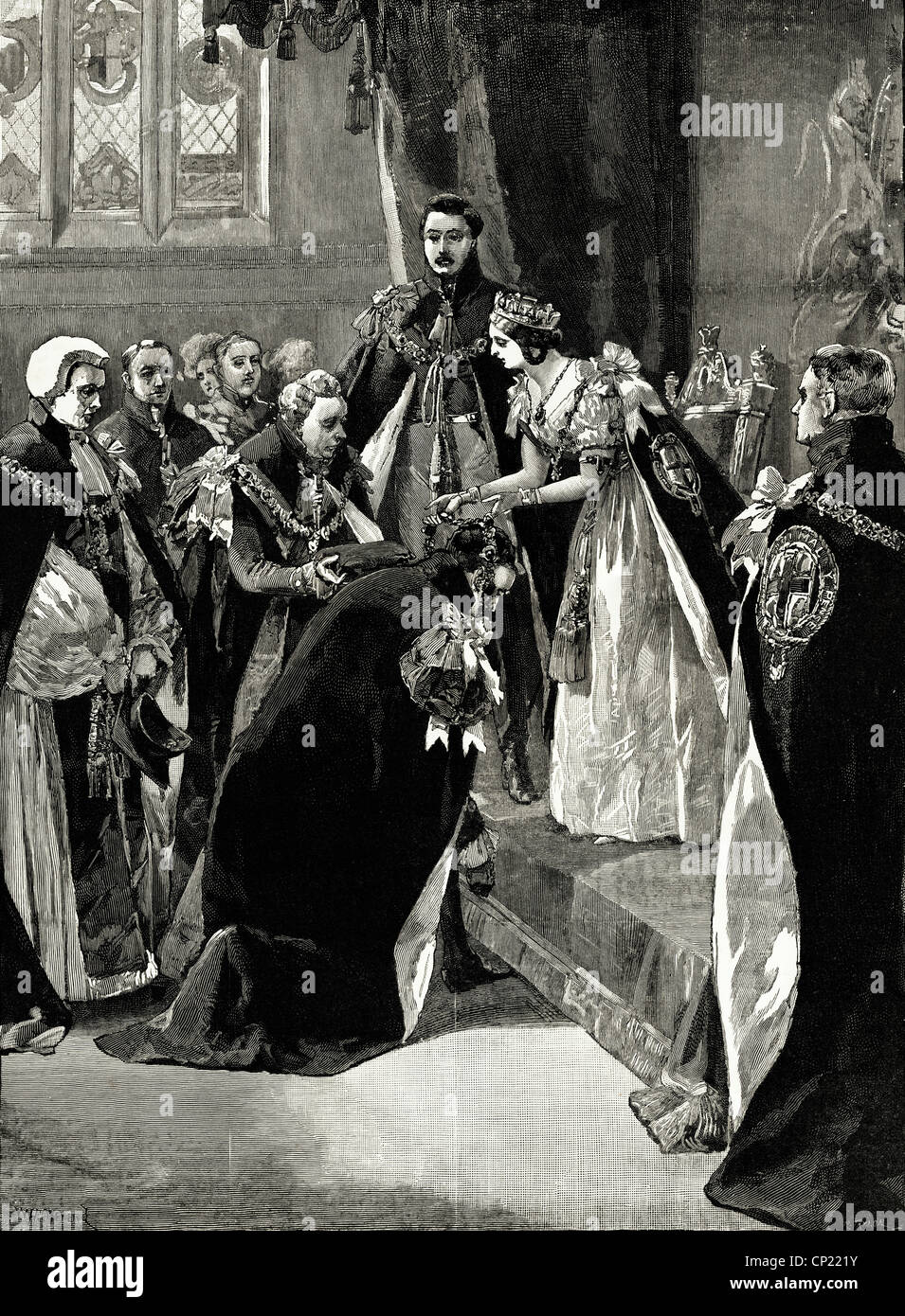 Queen Victoria conferring The Order of The Garter. Victorian engraving dated 13th June 1887 Stock Photo