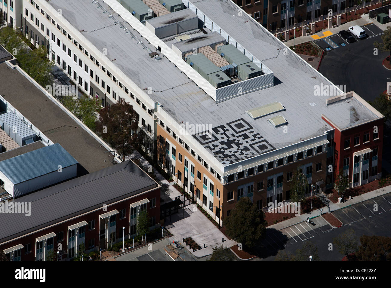 aerial photograph rooftop QR Code, Facebook Headquarters, 1 Hacker Way, Menlo Park, San Mateo County, California Stock Photo