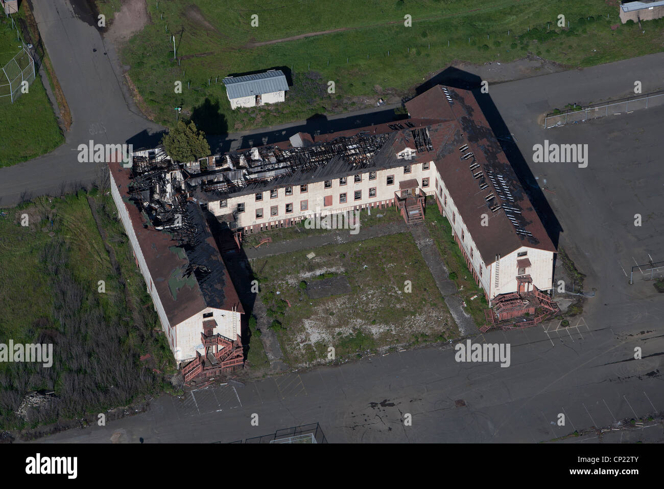aerial photograph burned roof building Mare Island, Vallejo, California