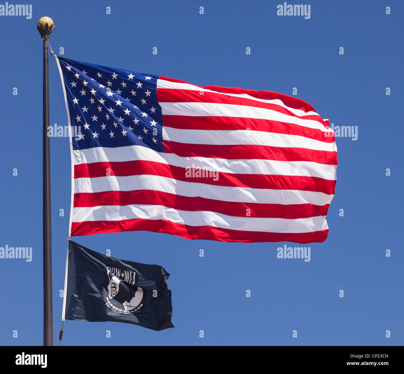 WASHINGTON, DC, USA - U.S. flag and POW MIA flag, at World War II Memorial. Stock Photo