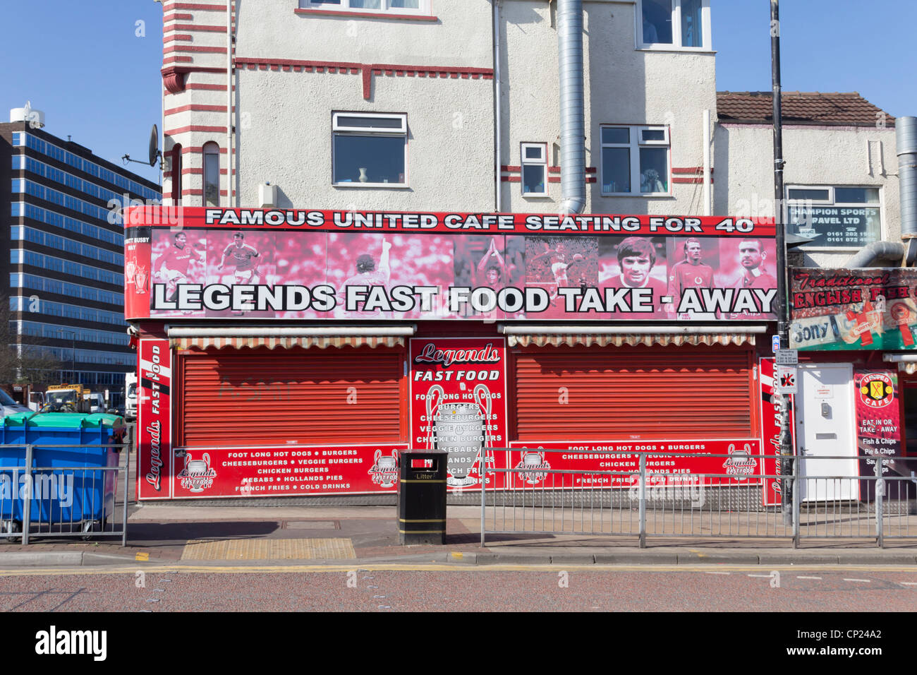 Manchester United Legends Fast Food Take-Away cafe on the corner of Sir Matt Busby Way and Chester Road, Old Trafford. Stock Photo
