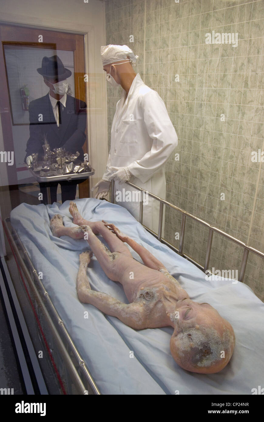 An 'alien' autopsy at the UFO Museum, Roswell, New Mexico Location: New Mexico Stock Photo