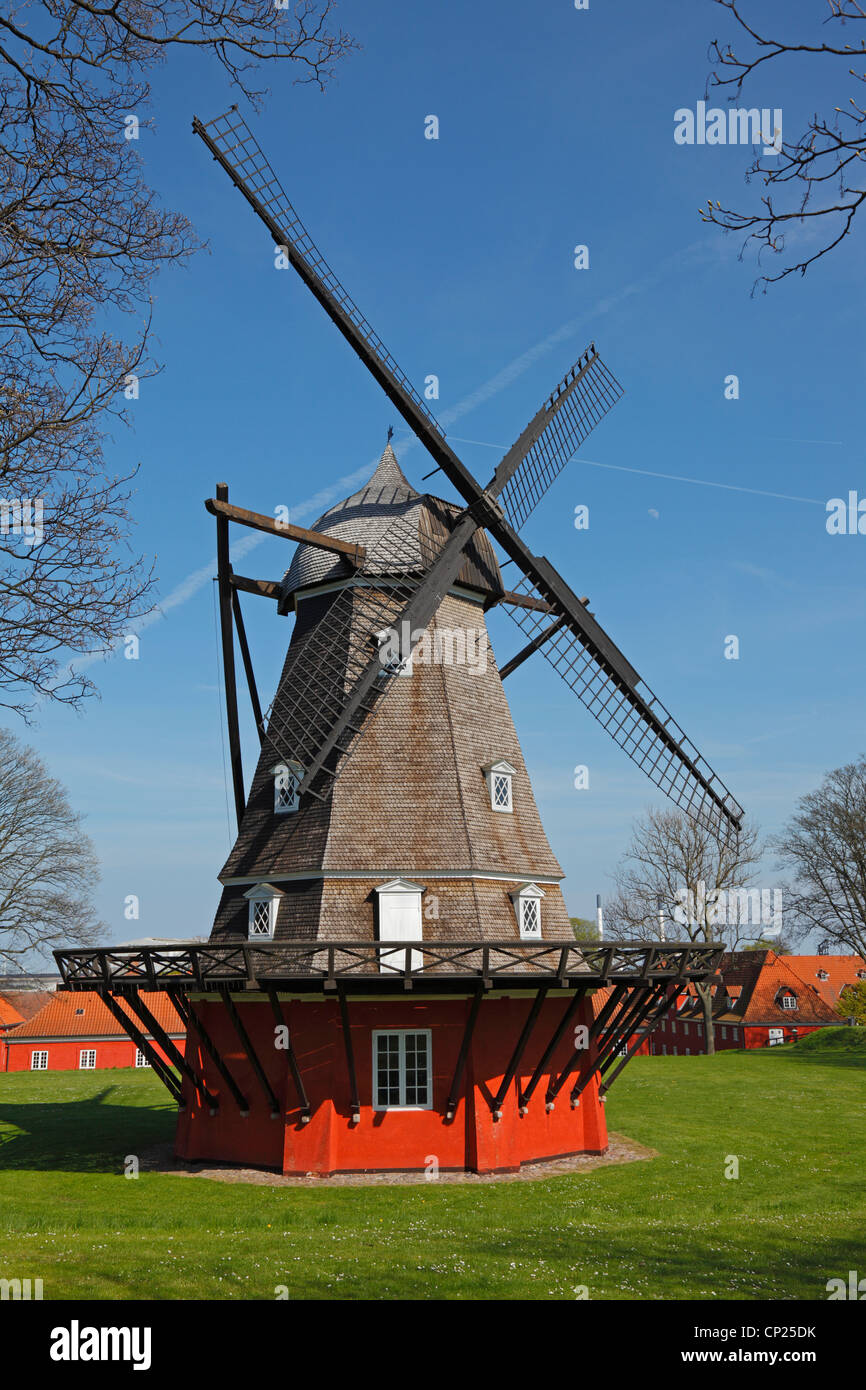 The old colourful Dutch windmill from 1847 inside the old citadel Kastellet in Copenhagen, Denmark Stock Photo