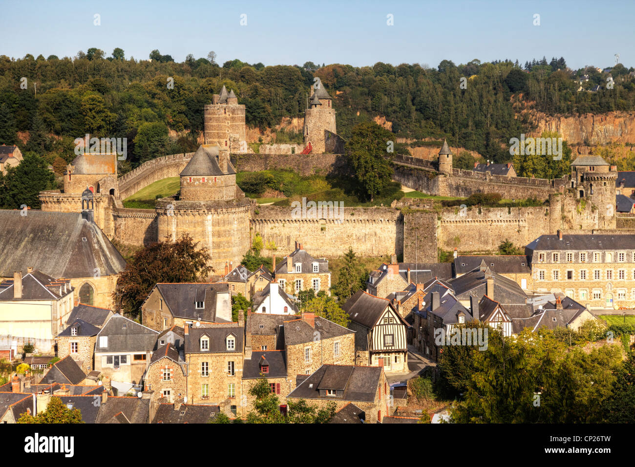 The medieval castle and town of Fougeres, Brittany, France, Stock Photo